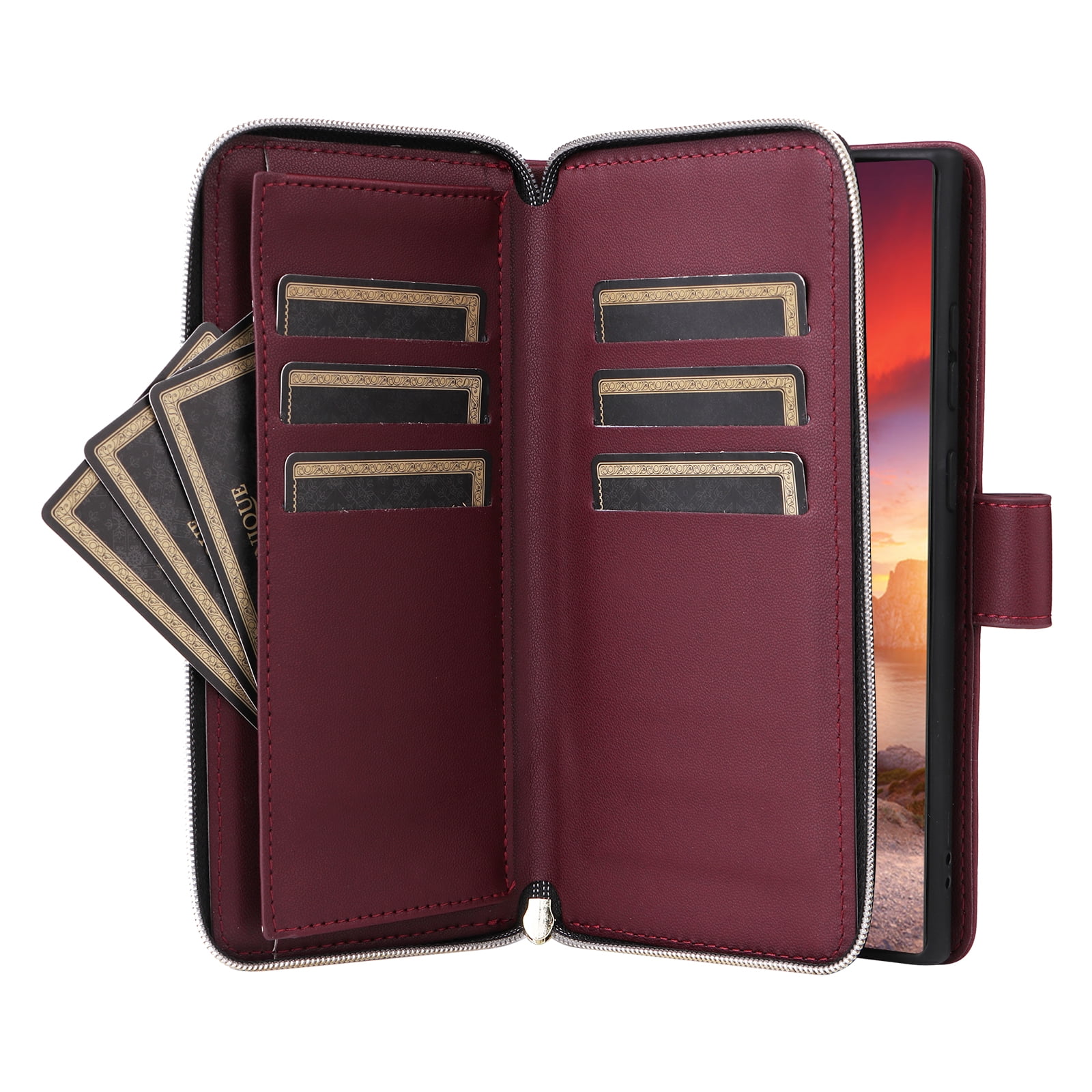 Compatible for Samsung Galaxy S24 Ultra Wallet Case, Crossbody Strap PU Leather Folio Phone Cover, Zipper Handbag Purse with Card Holder Lanyard Flip Stand for Samsung Galaxy S24 Ultra, Winered