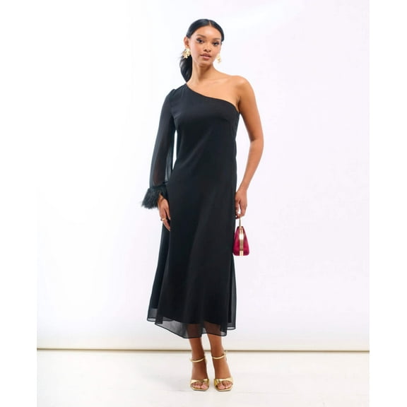 Black Asymmetric Feather Cuff Dress