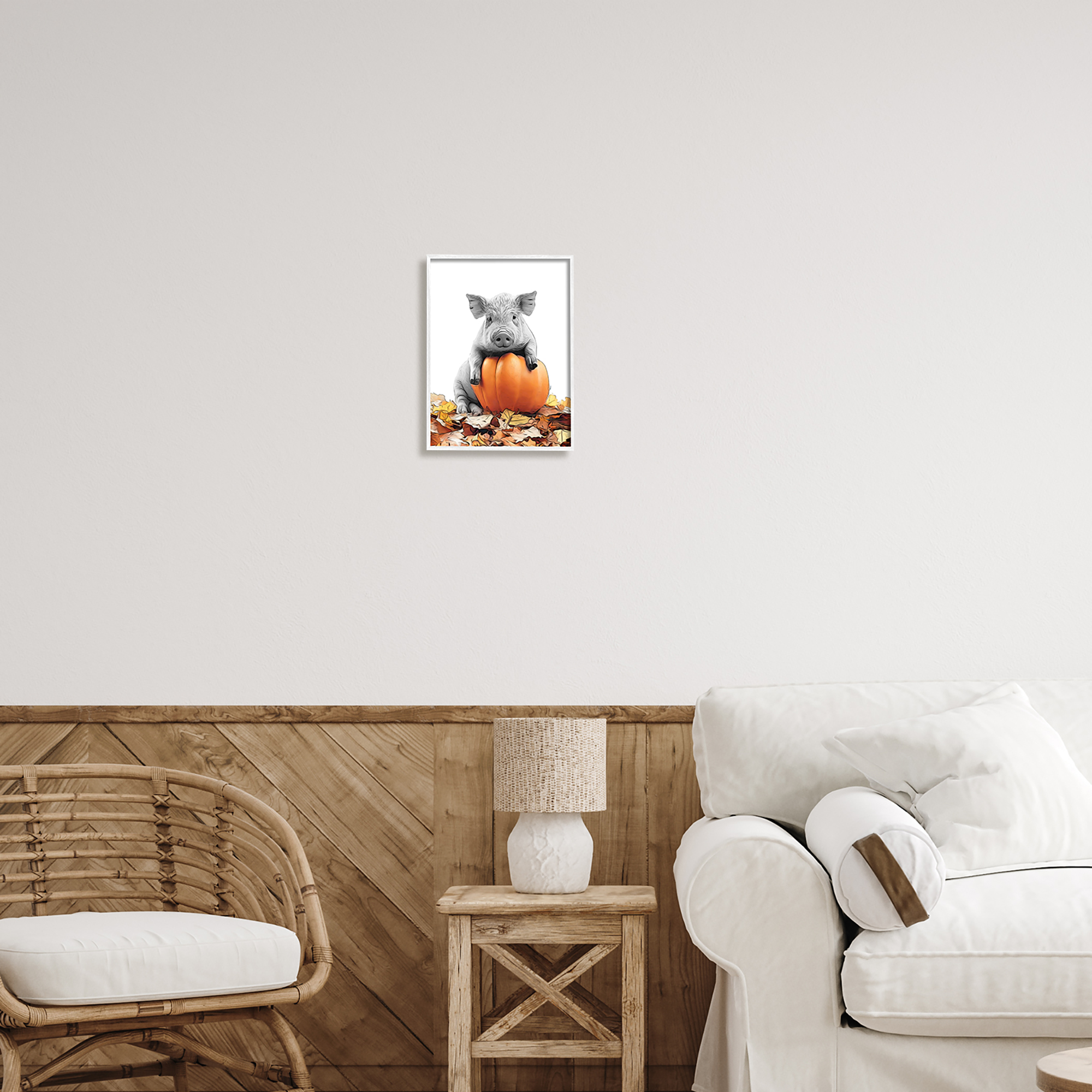 Stupell Industries Pig & Autumn Leaves Holiday Painting White Framed Art Print Wall Art, 11 x 14