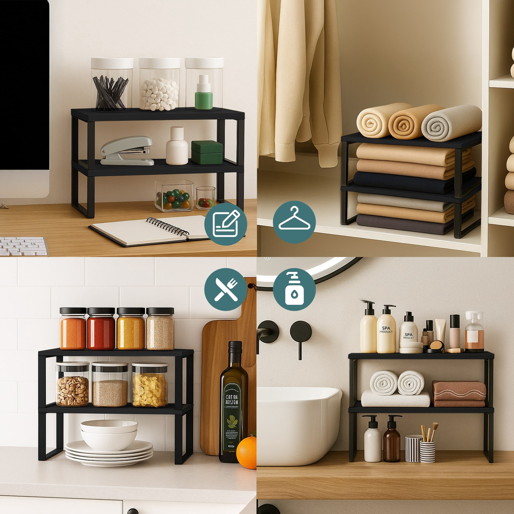 Sben Kitchen Shelf Cabinet Organizer, Set of 2, Counter Shelves, Kitchen Storage, Spice Rack, Stackable, Functional, Metal and Engineered Wood (Black)