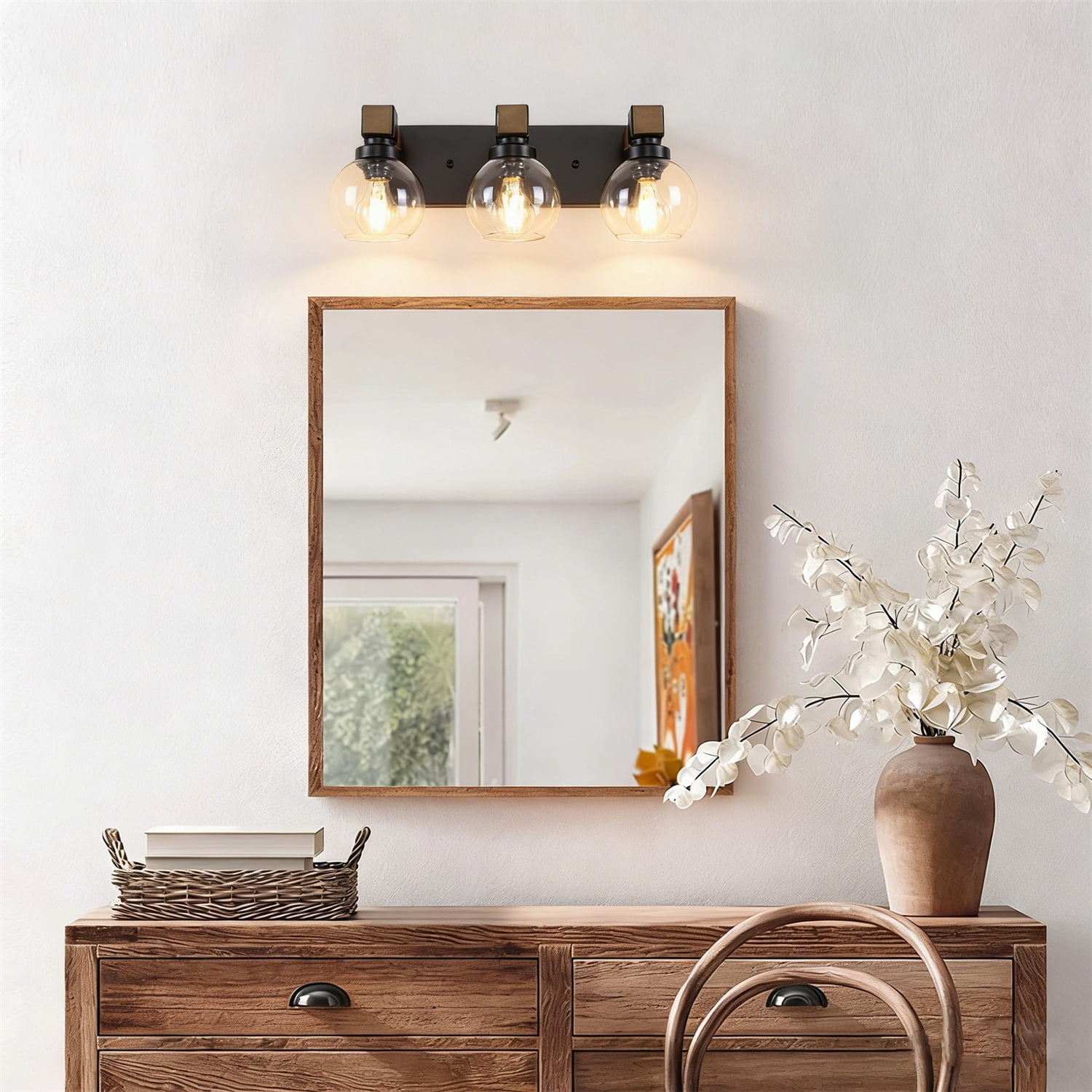 3-Light Wooden Bathroom Vanity Light with Clear Globe Glass Shade over Mirror for Bathroom Bedroom Living Room Cabinet