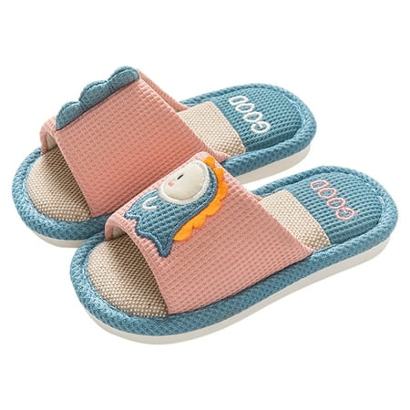 

Cartoon Dinosaur Pattern House Slippers For Toddler Open Toe Cotton Linen Comfort Indoor Home Slippers For Girls And Boys