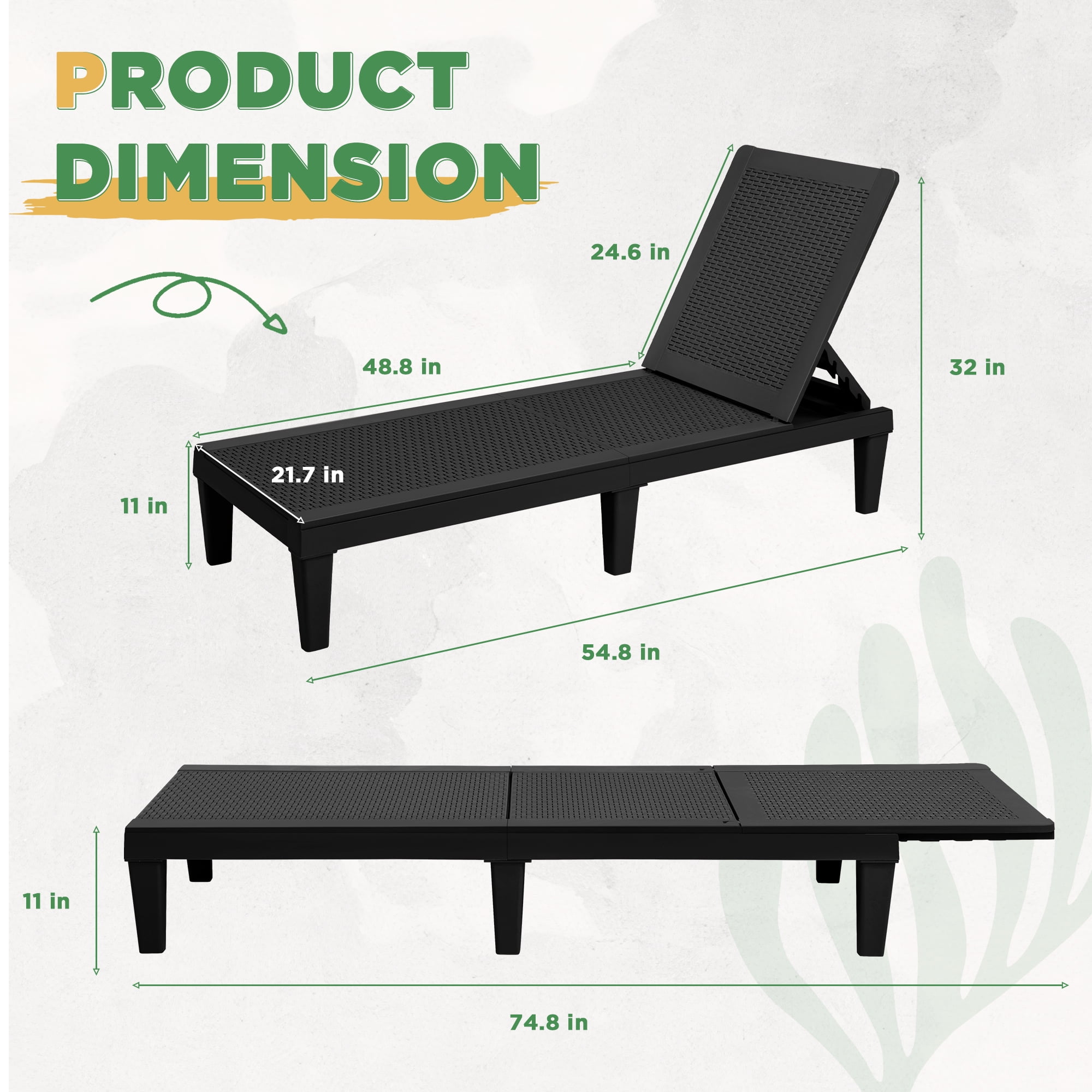 Devoko Set of 2 Outdoor Patio Chaise Lounge Chairs, Rattan Style, Multi-angle Adjustable Back, Black