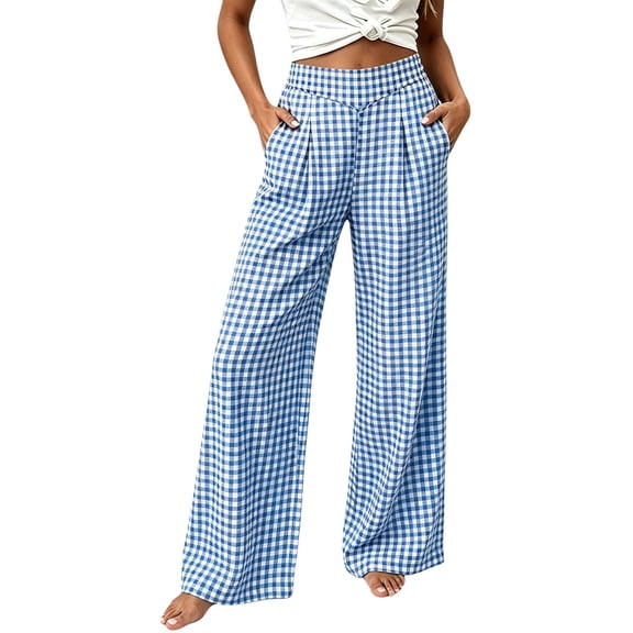 Bosfbaoi Pants for Women Gingham Plaid Pleated High Waist Wide Leg Womens Pants with Side Pockets Lightweight Casual Vacation Trousers