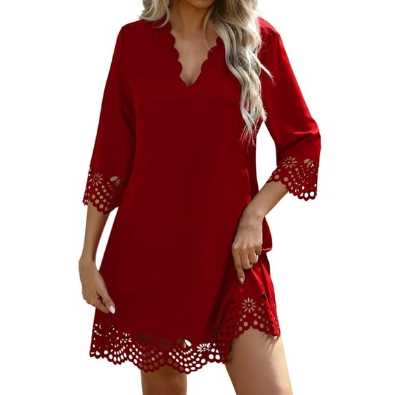 MEZZALL Solid Color Women's Casual Floral V Neck A-Line Dresses With Hollow Embroidery For Daily Wear Party Summer Dress Birthday