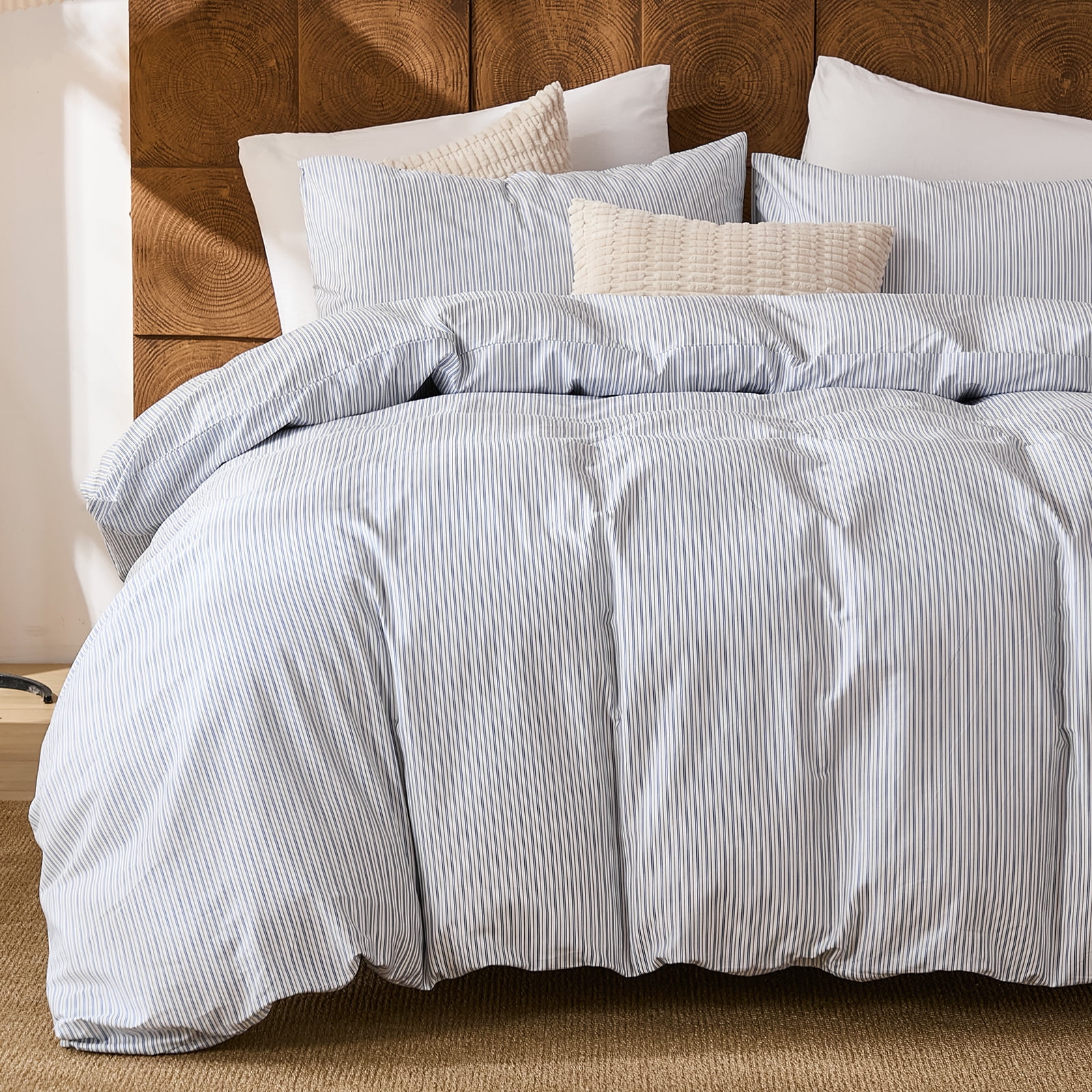 Brown Striped Duvet Cover Set Queen Size, 100% Natural Cotton Linen Like Duvet Cover Set with Zipper Closure & 8 Corner Ties, Brown Khaki Soft Reversible Bedding for All Seasons