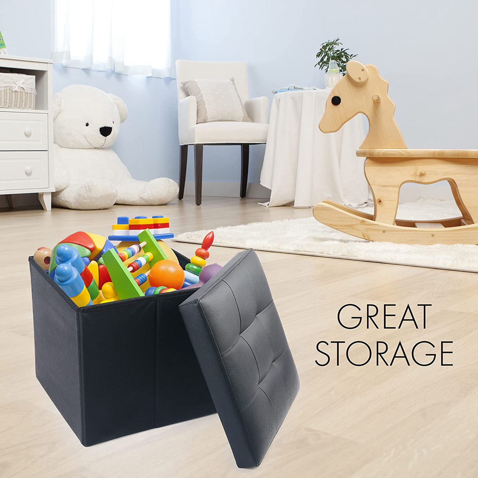 LotFancy 2 Pack 13" Faux Leather Storage Ottoman Cube, Square Foot Stool Ottoman with Storage, Black