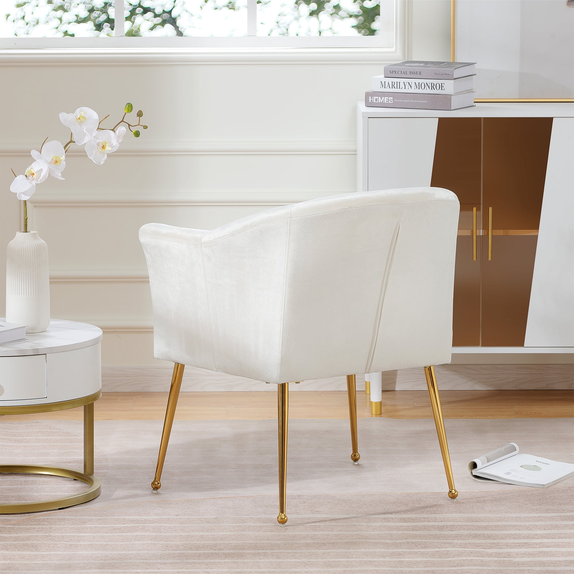 YYAo Velvet Accent Chair, Upholstered Comfy Armchair with Metal Legs for Bedroom, Living Room, White YYAo Velvet Accent Chair, Upholstered Comfy Armchair with Metal Legs for Bedroom, Living Room, White