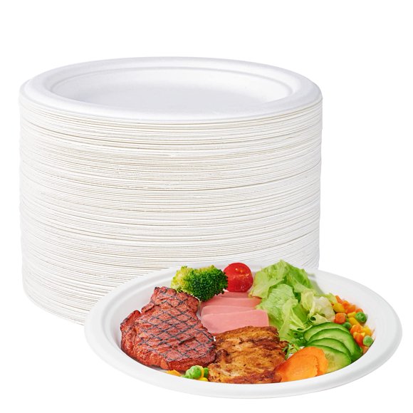 ECOLipak 100% Compostable 10 Inch Heavy Duty Paper Plates, 150 Pack Disposable Biodegradable Eco-friendly Sugarcane Bagasse Plates for Dinner Party(W