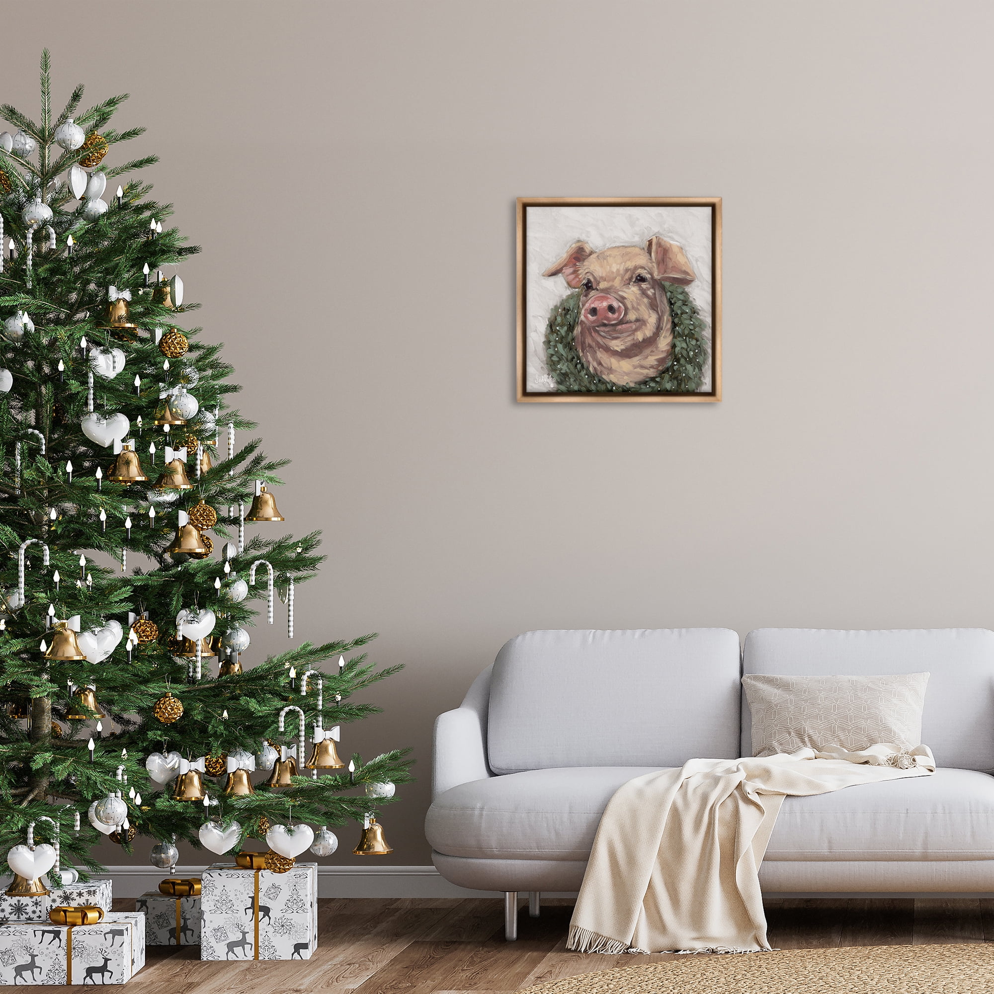 Stupell Industries Pig with Holiday Wreath Holiday Painting Brown Floater Framed Canvas Art Prints Wall Art, 25 x 25