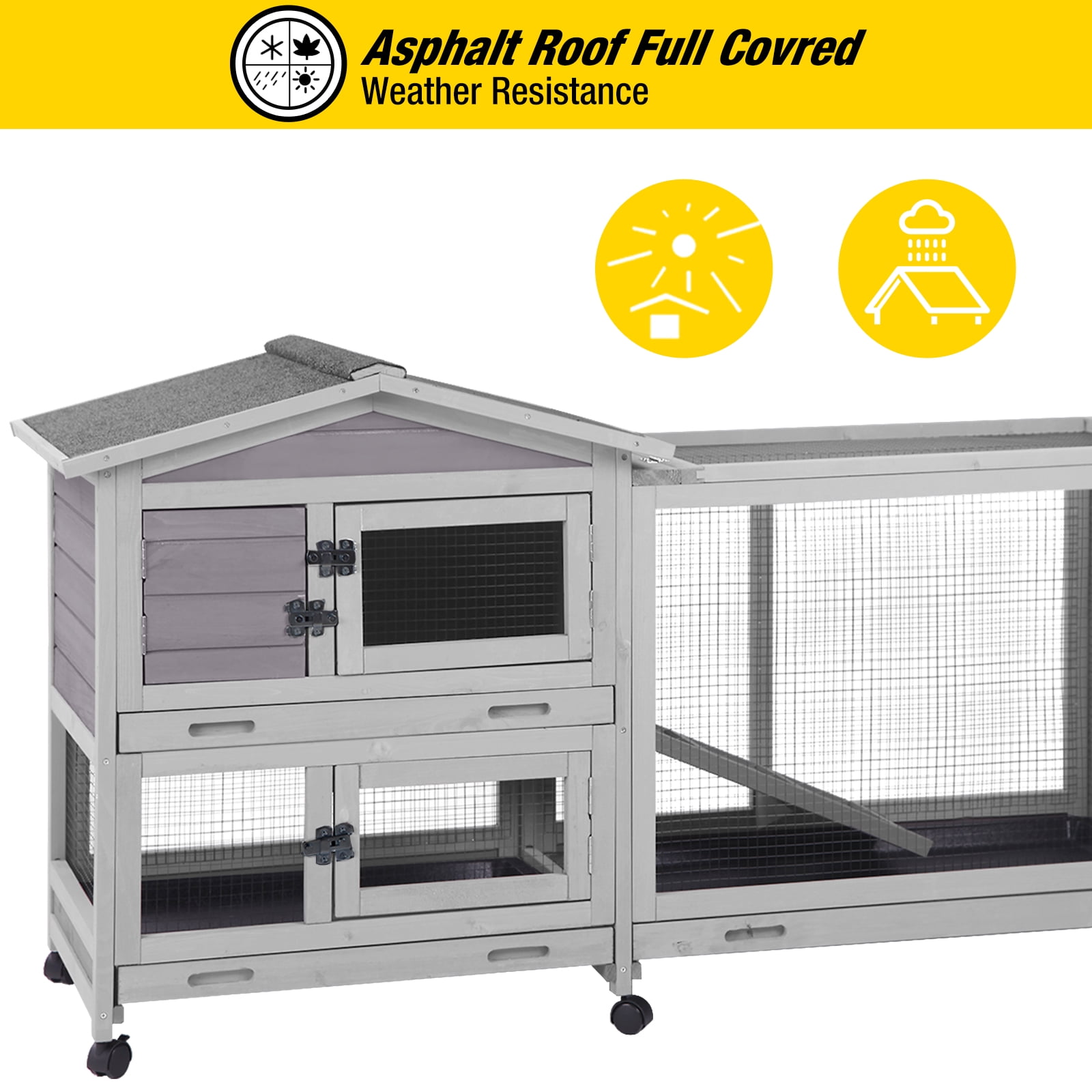 AIVITUVIN Outdoor Rabbit Hutch Indoor Bunny on Wheels Large Guinea Pig Cage with Run for Any Small Animals,Removable Pull Out Tray