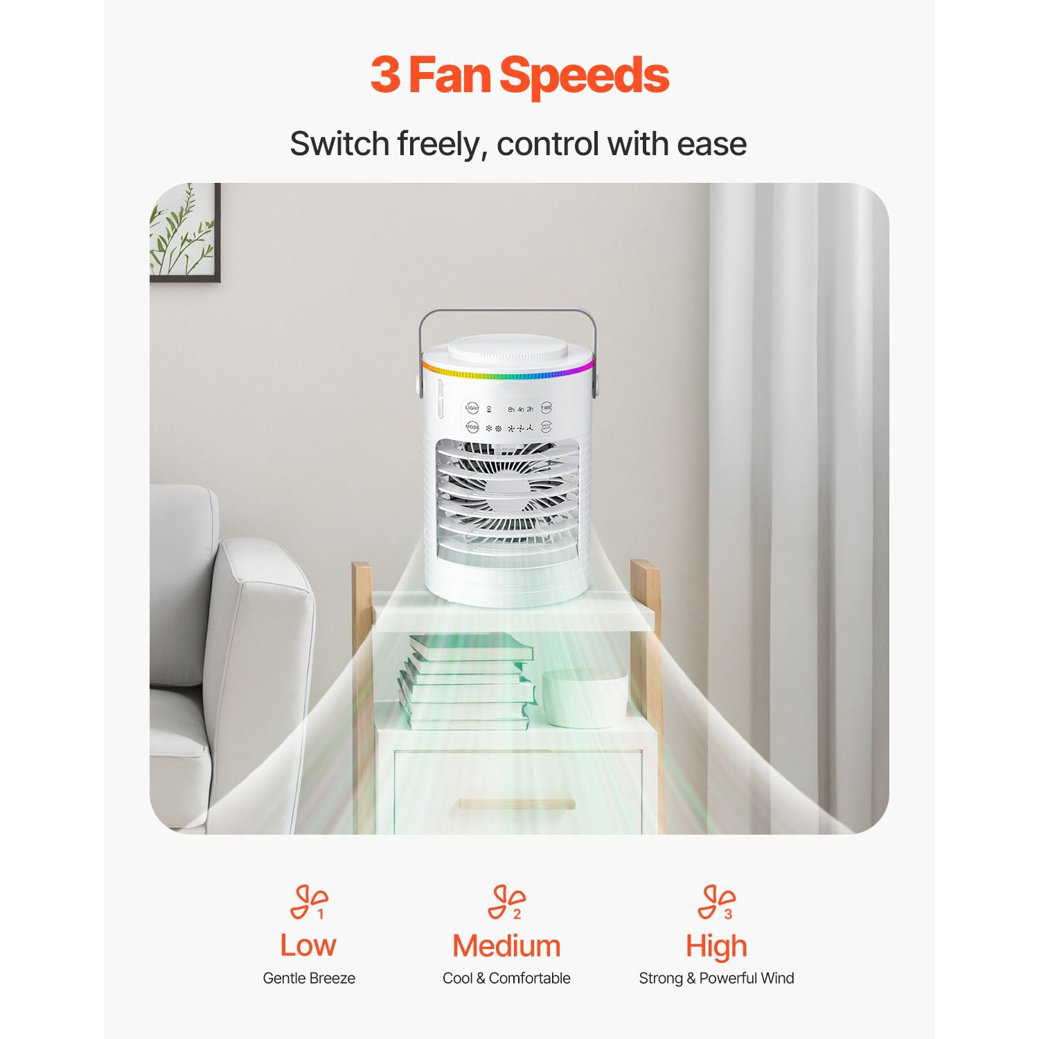 Portable Air Cooler 4-in-1, Fan/Humidifier/Air Cooler/7-Color Night Light, 3 Speeds, 600ml Tank with Ice Cube Support, 2/4/8H Timer, Low Noise for Home Office Camping