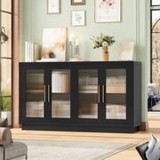 Homfa 55.1W Modern Sideboard Buffet with Fluted Glass Doors, Accent Cabinet Console Table TV Stand, Black