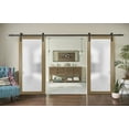 thumbnail image 3 of Sturdy Double Barn Door with Frosted Glass | Planum 2102 Honey Ash | 13FT Rail Hangers Heavy Set | Modern Solid Panel Interior Doors -48" x 80" (2* 24x80)-Black Rail, 3 of 6