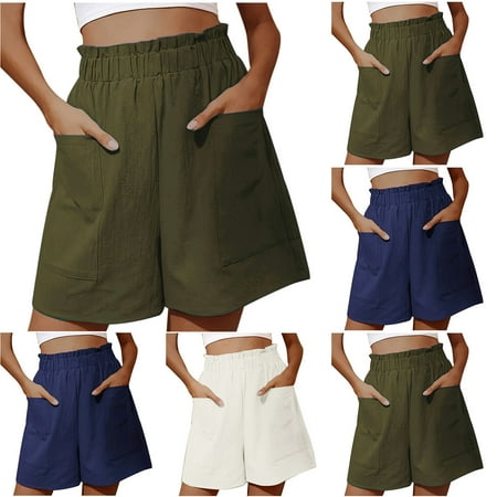 HVOBTTY Summer Women s Casual Elastic Waist Solid Color Drawstring Back Pockets Loose Daily Wear Shorts Army Green L