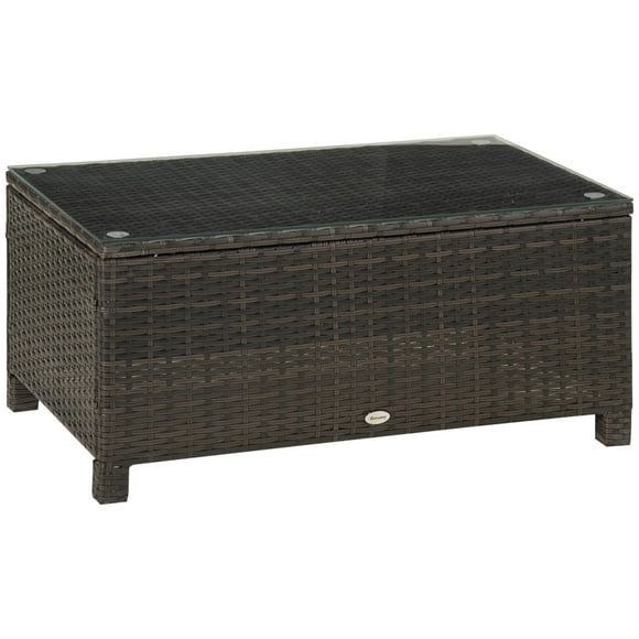 Outsunny Rattan Coffee Table Patio Hand-woven Side Table Wicker Furniture with Tempered Glass Top Outdoor Garden Patio, Brown