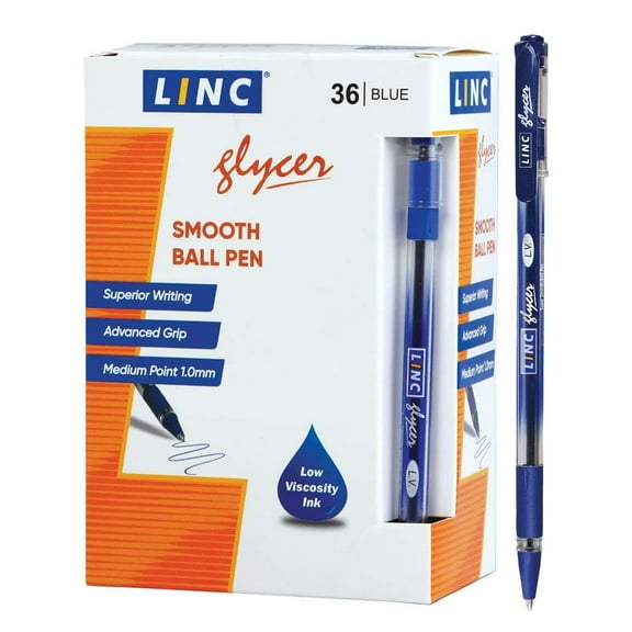 Linc Glycer Smooth Ball Point Pen, Soft Grip, 1.00mm Tip, 36-Count, Blue
