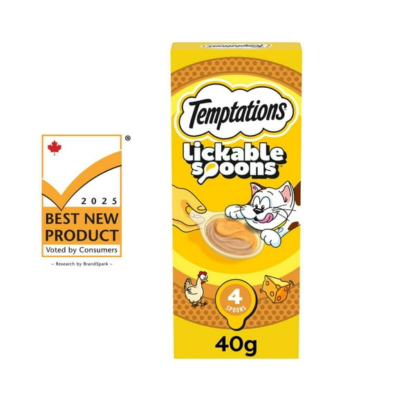 Gâteries pour chats TEMPTATIONS LICKABLE SPOONS saveur de poulet savoureux et de fromage délicieux 4x10 g