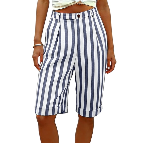 ClodeEU Women's Striped Linen Blend Bermuda Shorts,High Waist Knee Length Shorts with Pockets Blue,Women's Plus L