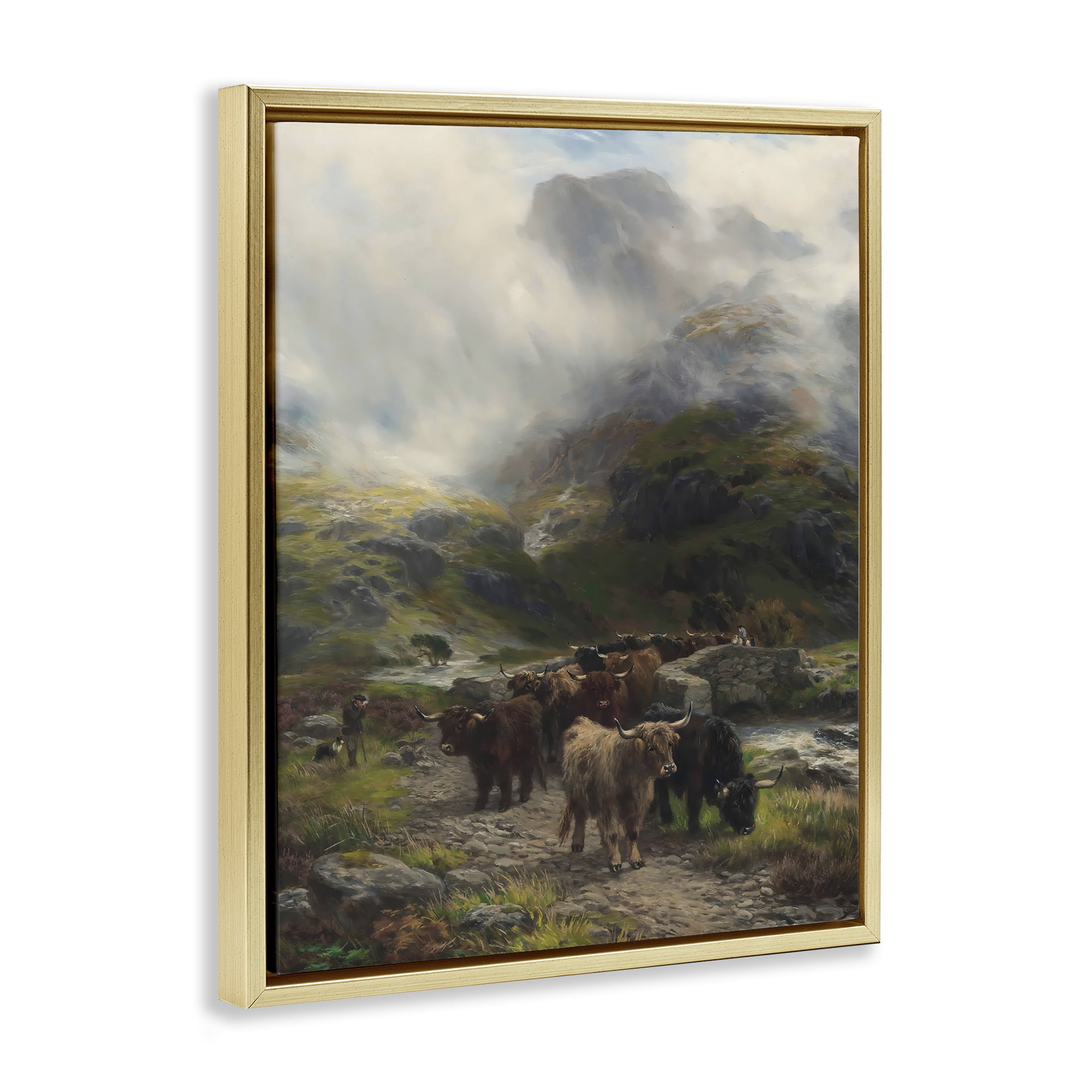 Stupell Industries Moody Highland Cows Herd Gold Framed Floater Canvas Wall Art, design by Arlington Prints