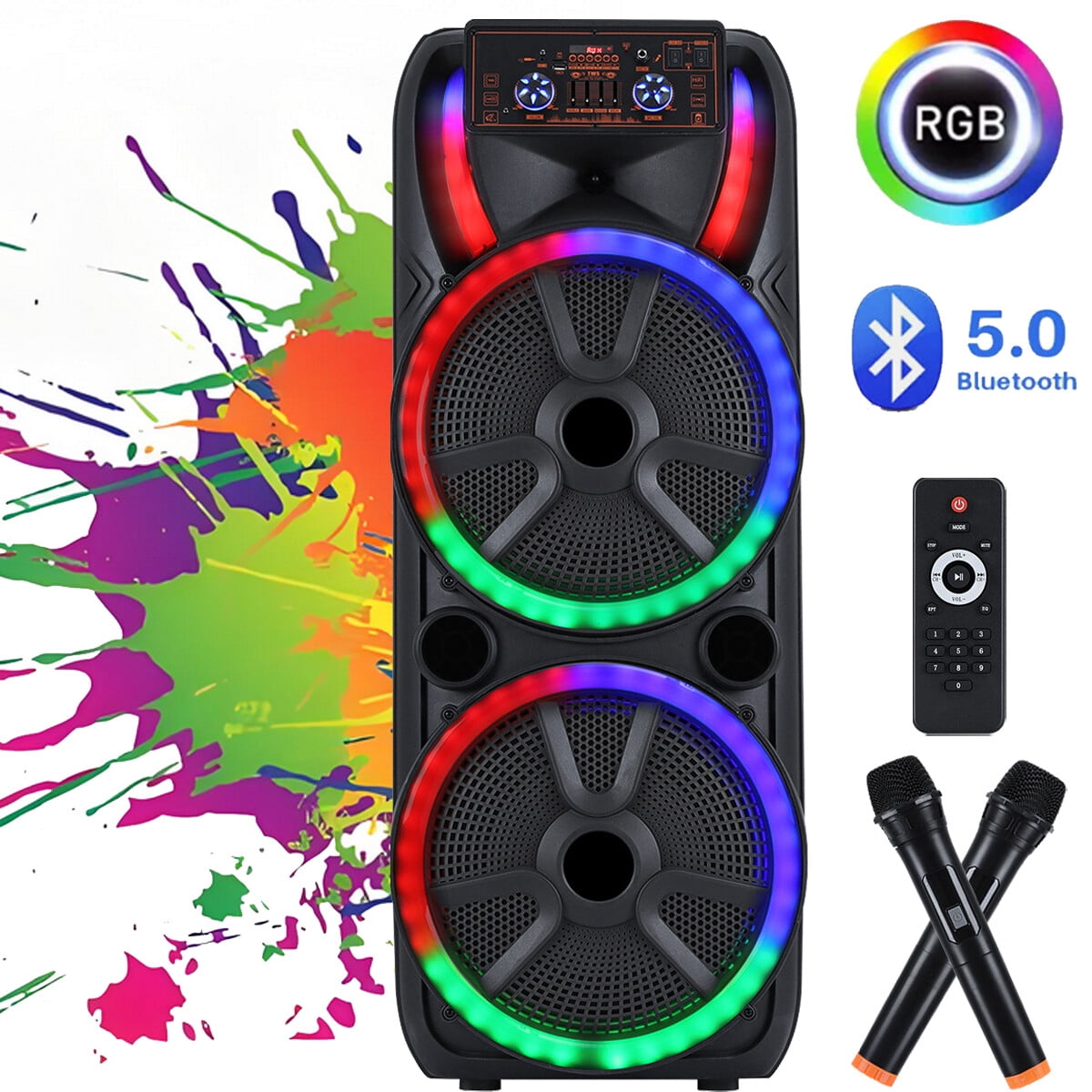 Curuk Dual 15" Bluetooth Speaker with 2 Wireless Mics RGB Lights PA Sound System