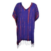 Mogul Women's Kimono Caftan Tassel Hemline Purple Tie Dye Print Cover Up Dress One Size