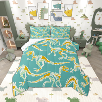 Manfei Dinosaur Skeleton Child Full Size Comforter Sets, Turquoise Cartoon Skull Bedding Comforter Set, Kawaii Animal Reversible Bedding Sets, Microfiber Bedroom Decor, 3 Pieces