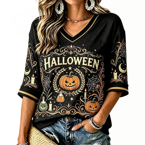 3/4 Sleeve Halloween Tops for Women Soft V Neck T Shirts Spooky Pumpkin Ghost Print Tee Casual Holiday Top