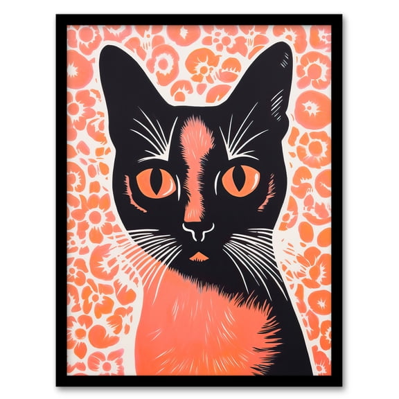 Siamese Cat With Flowers Risograph Coral Pink And Black Screenprint Floral Artwork Riso Interior Design Art Print Framed Poster Wall Decor 12x16 inch