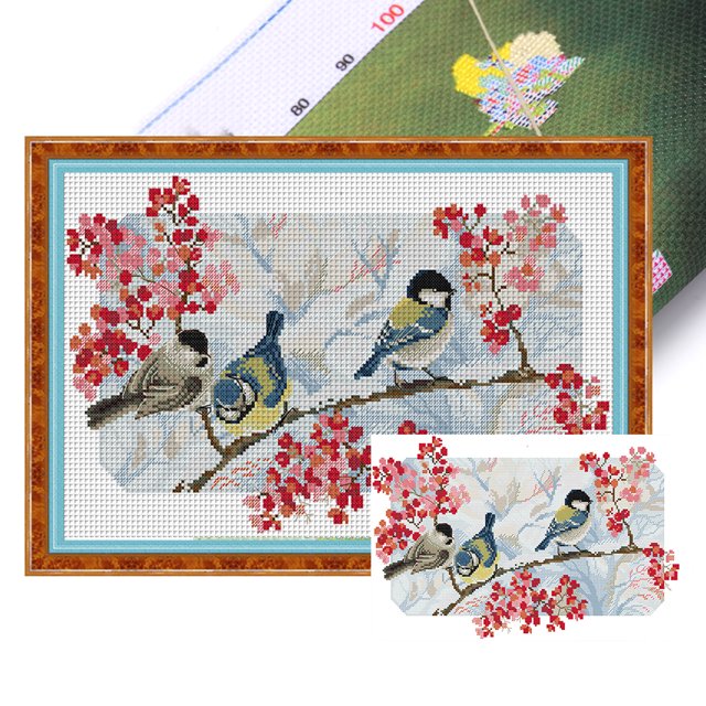 Kit Punto Cruz Con Tres Pajaritos Hilo Algodón Bordado 14CT 42x28cm