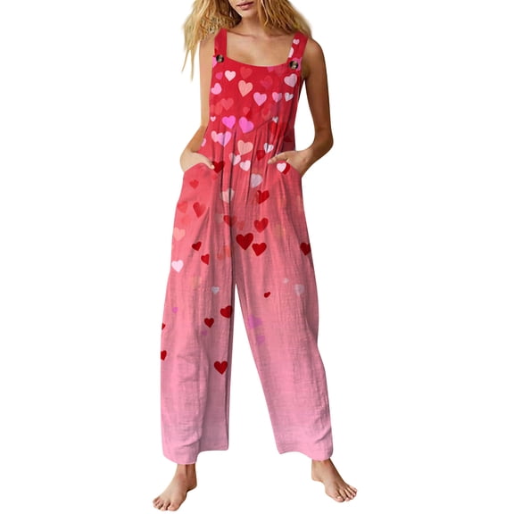 Fgvctg Valentine's Day Women's Jumpsuit Wide Leg Pant Cute Love Heart Print Overall Sleeveless Rompers Spaghetti Straps Jumpsuits Oversized Bib Overalls Sprimg Clothing With Pockets Vermilion L