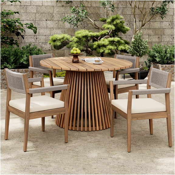 JERFIT 5-Piece Outdoor Dining Set with Round Table and Cushioned Chairs, Acacia Wood Patio Furniture for Garden, Deck, Poolside in Light Teak and Beige