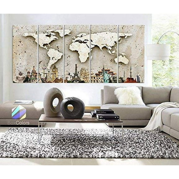 Original by BoxColors Xlarge 30"x 70" 5 Panels 30x14 Ea Art Canvas Print Original Wonders of the world Wall Texture Map travel Wall decor Home interior (framed 1.5" depth)