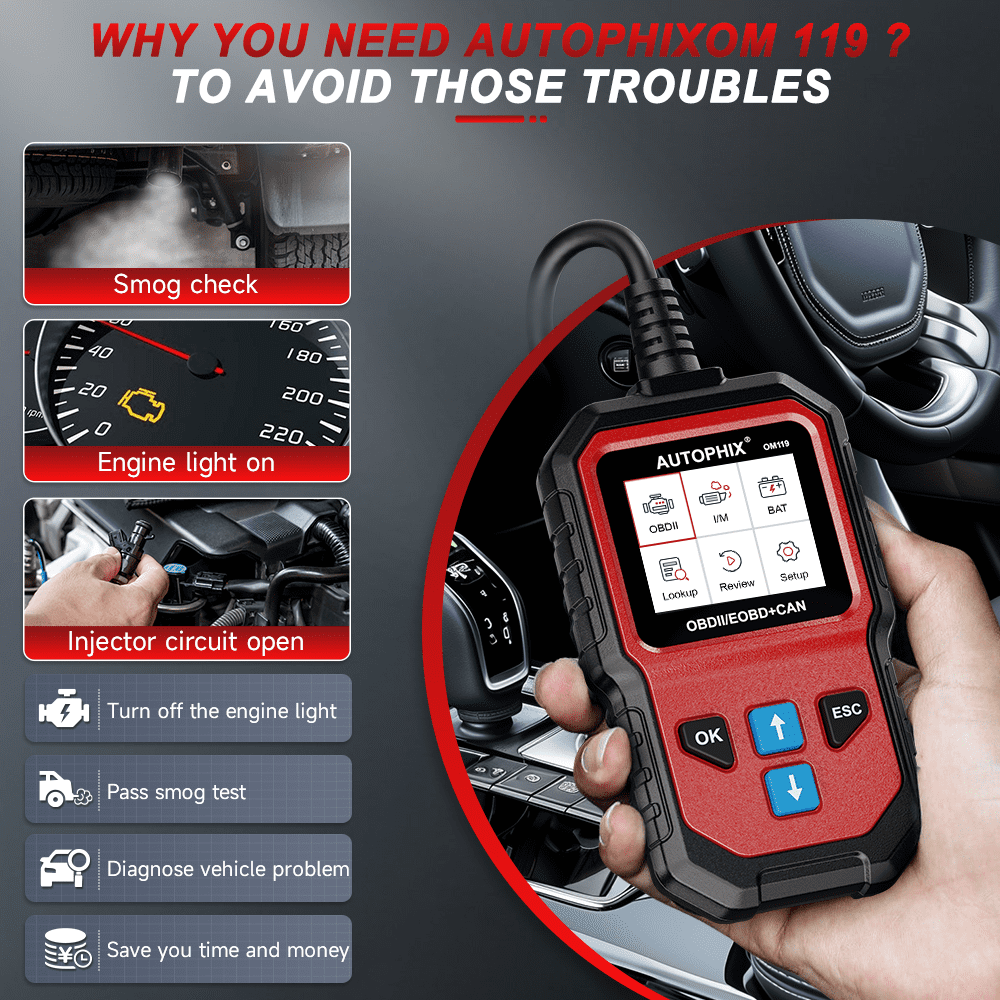 AUTOPHIX OM119 OBD2 Scanner Full-Functions Diagnostic Code Reader, Batter-y Voltage Test, I/M Readiness, Universal for 1996+ OBD2 Vehicles