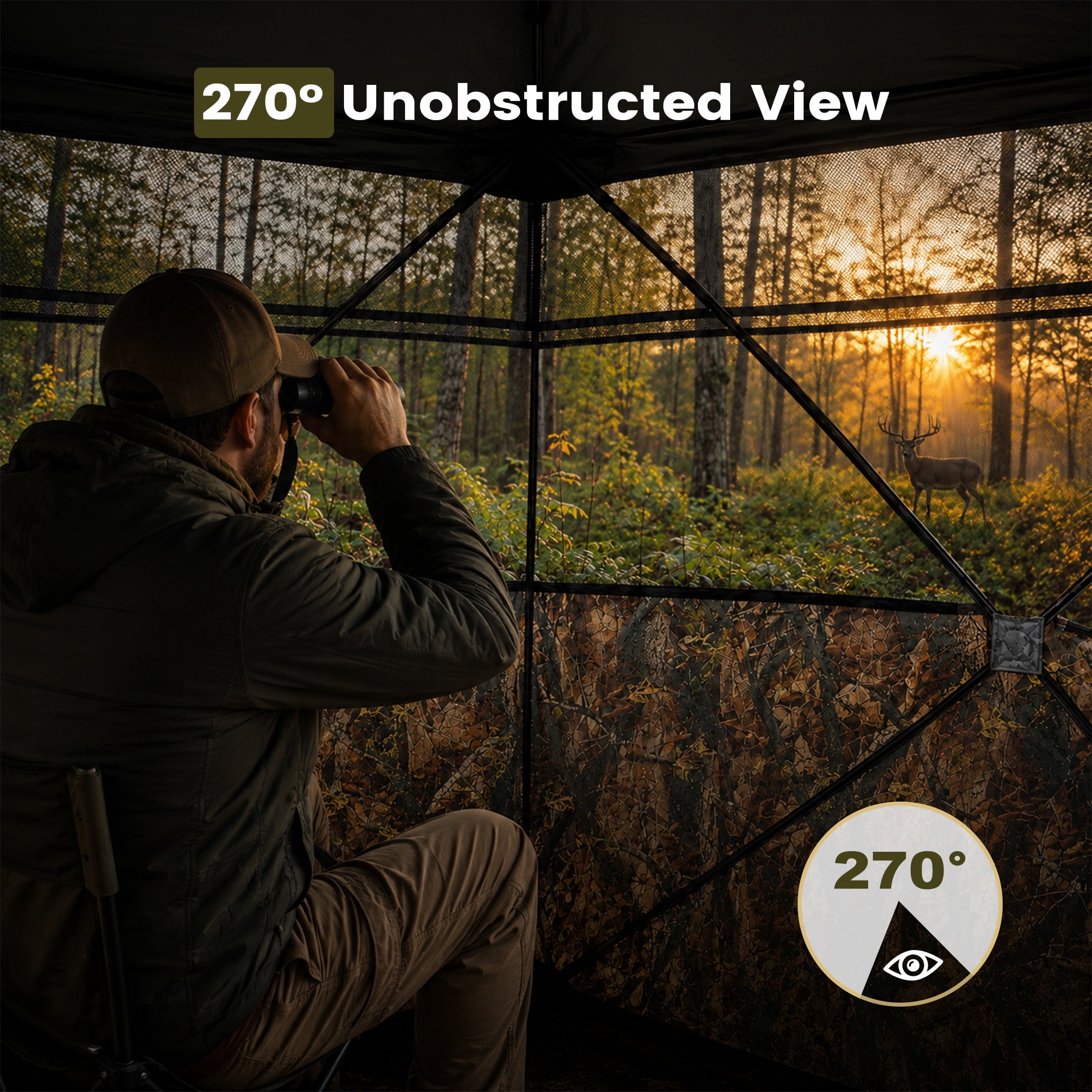 SHOUFTW Hunting Blind, 270° See-Through Ground Blind Shelter, 2-3 Person Pop-Up Instant Setup Hunting Tent with Silent Windows & Carry Bag, Camo