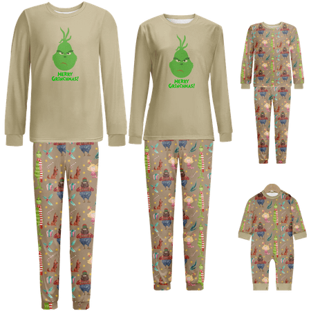 

Family Christmas Pajamas Grinch Khaki Printed Baby-Kids-Adult-Pet Size 2-Piece Top and Pants Bodysuits Clothes Pajamas Set