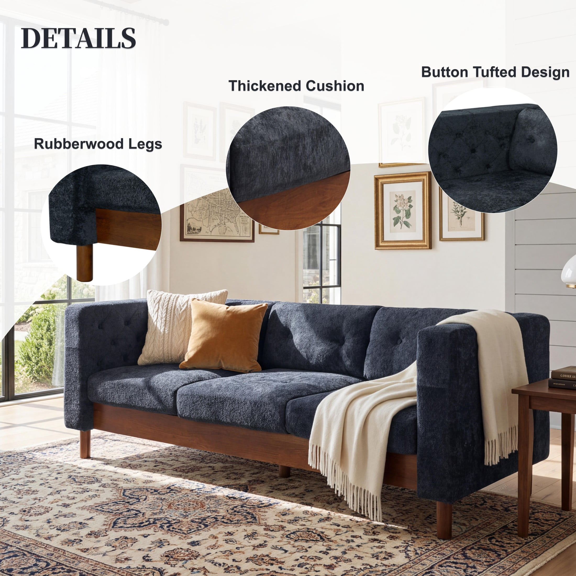 Christopher Knight Home 78" Modern Sofa with Chenille Upholstery, Tufted Pillow Back, 3 Seats, Blue
