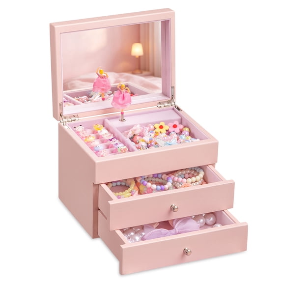 Music Jewelry Box ,3 Layer Wooden Kids Jewelry Boxes & Organizers with Spinning Dancer for Little Girl Toddler Christmas Birthday New Year,Pink