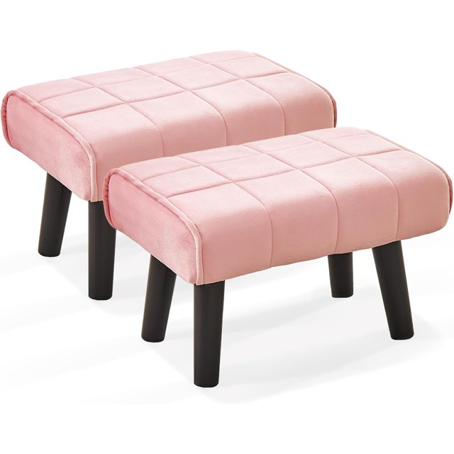Small Foot Stool Ottoman with Solid Wood Legs Velvet Soft Padded Pouf Sofa Footrest 16 Inch 2-Pack Pink