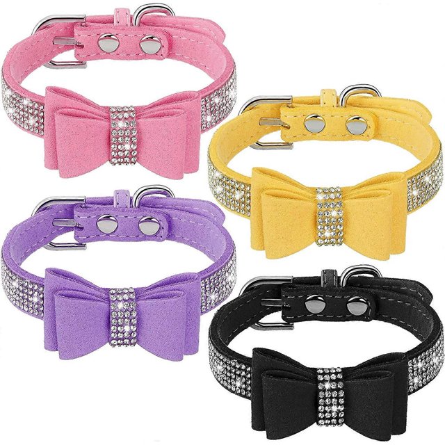 collares brillantes para perro con lazo ajustables con cristales de imitación para cachorros, para perros y gatos (rosa, amarillo, morado, negro, mediano) Rosa, amarillo, morado