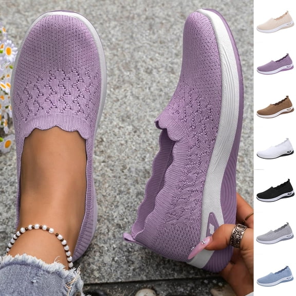 Women Shoes Slip On Sneakers for Women Wide Width Breathable Knit Walking Shoes Comfort Memory Foam Non Slip Soft Sole Casual Flats Scalloped Edge Lightweight Summer Tennis Shoes for Women Daily