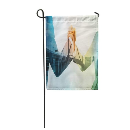 KDAGR Double Exposure of Two Persons Shaking Hands and Bridge Garden Flag Decorative Flag House Banner 12x18 inch