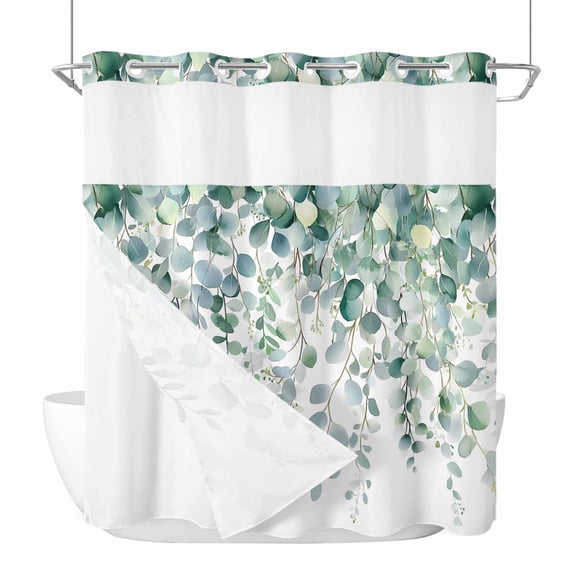 Sage Green Leaves No Hooks Shower Curtain with Snap-in Liner Eucalyptus Leaf Shower Curtains for Bathroom, Waterproof, Easy Install, Washable 66"x72"