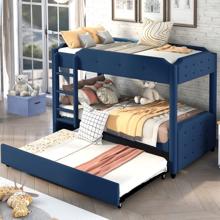 CLEARANCE! Twin over Twin Upholstered Bunk Bed with Trundle Headboard and Footboard Design Blue