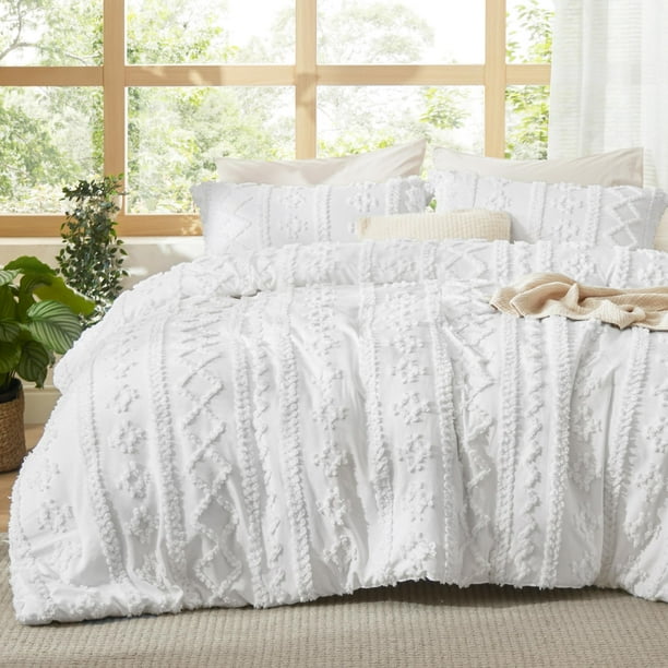 Juego de edredón Bedsure Tufted Boho, tamaño completo, blanco brillante, 3 unidades