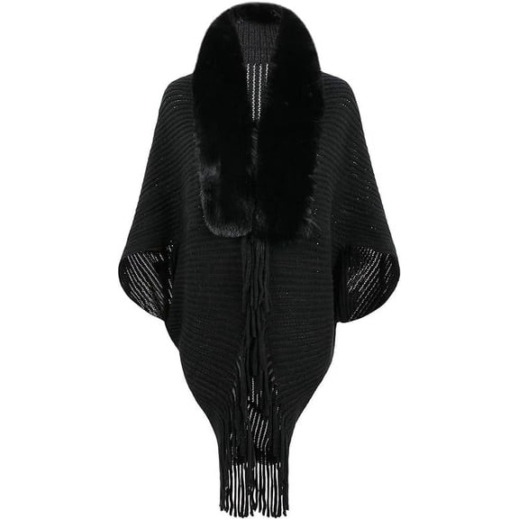 Women's Faux Fur Collar Cardigan Sweater Bat Sleeve Open Front Knit Cape Poncho Tassels Shawl Wrap Coat