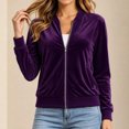 thumbnail image 2 of Kukoosong Women's Velvet Bomber Jacket, Long Sleeve Full Zip Up Stand Collar Velour Coat with Pockets, Slim Casual Lightweight Outerwear for Spring Fall Daily Wear, 2 of 7