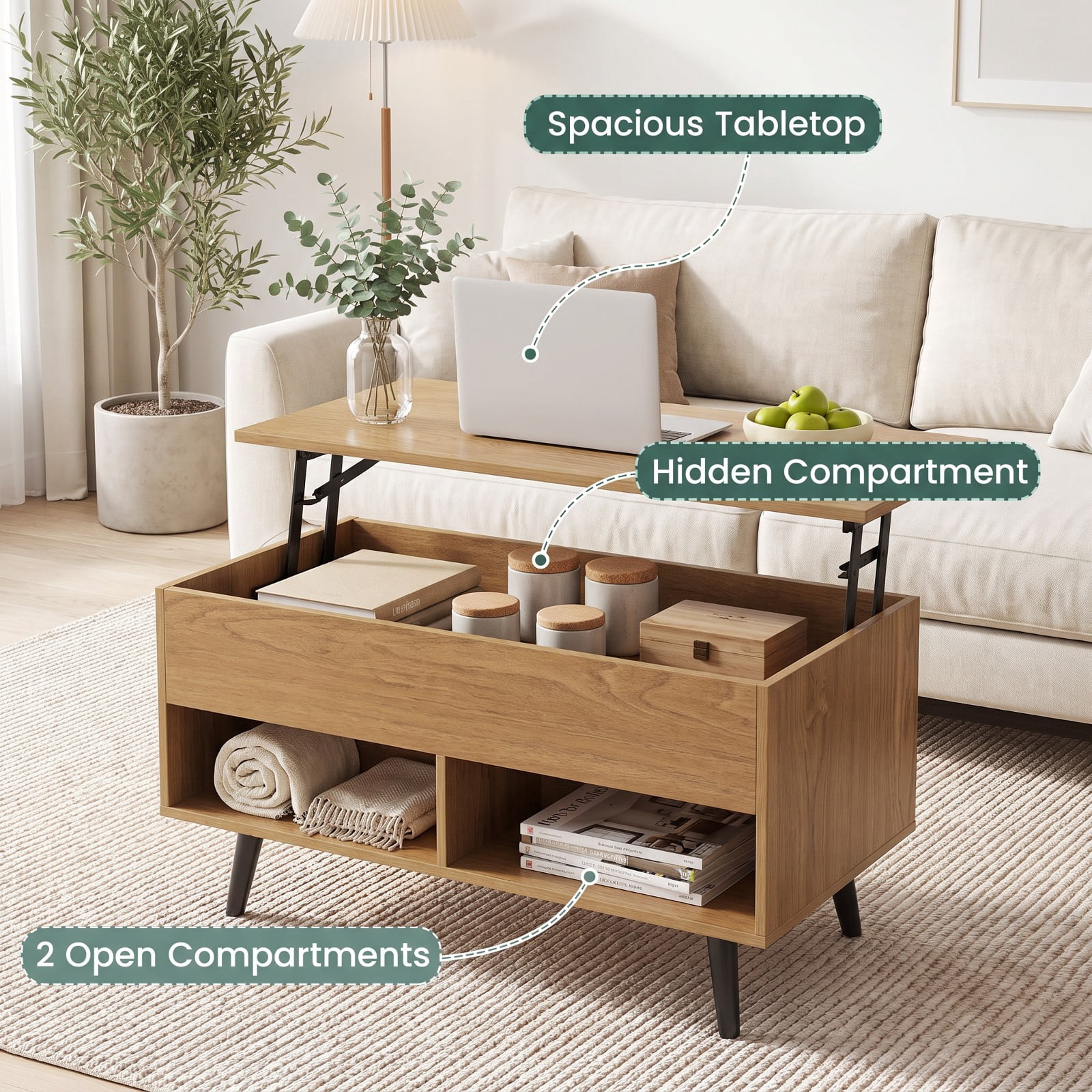 Furnibear 31.5 Inch Lift Top Coffee Table with Hidden Storage Compartment and 2 Open Shelves a Modern Living Room Center Table, Natural