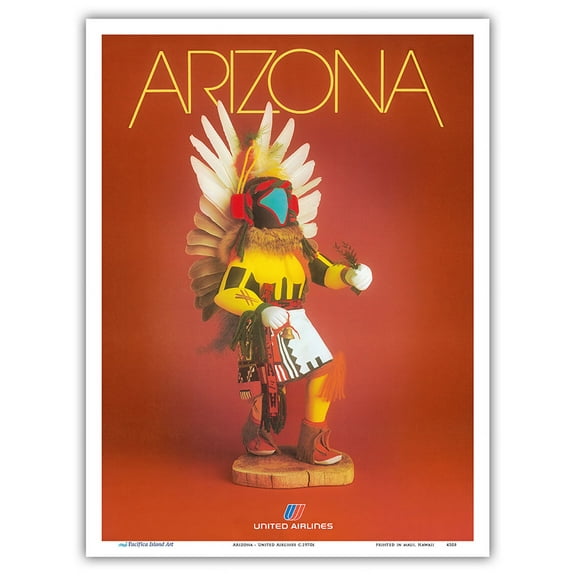 Arizona - United Airlines - Pueblo Native American Kachina Doll - Vintage Airline Travel Poster c.1970s - Master Art Print (Unframed) 9in x 12in