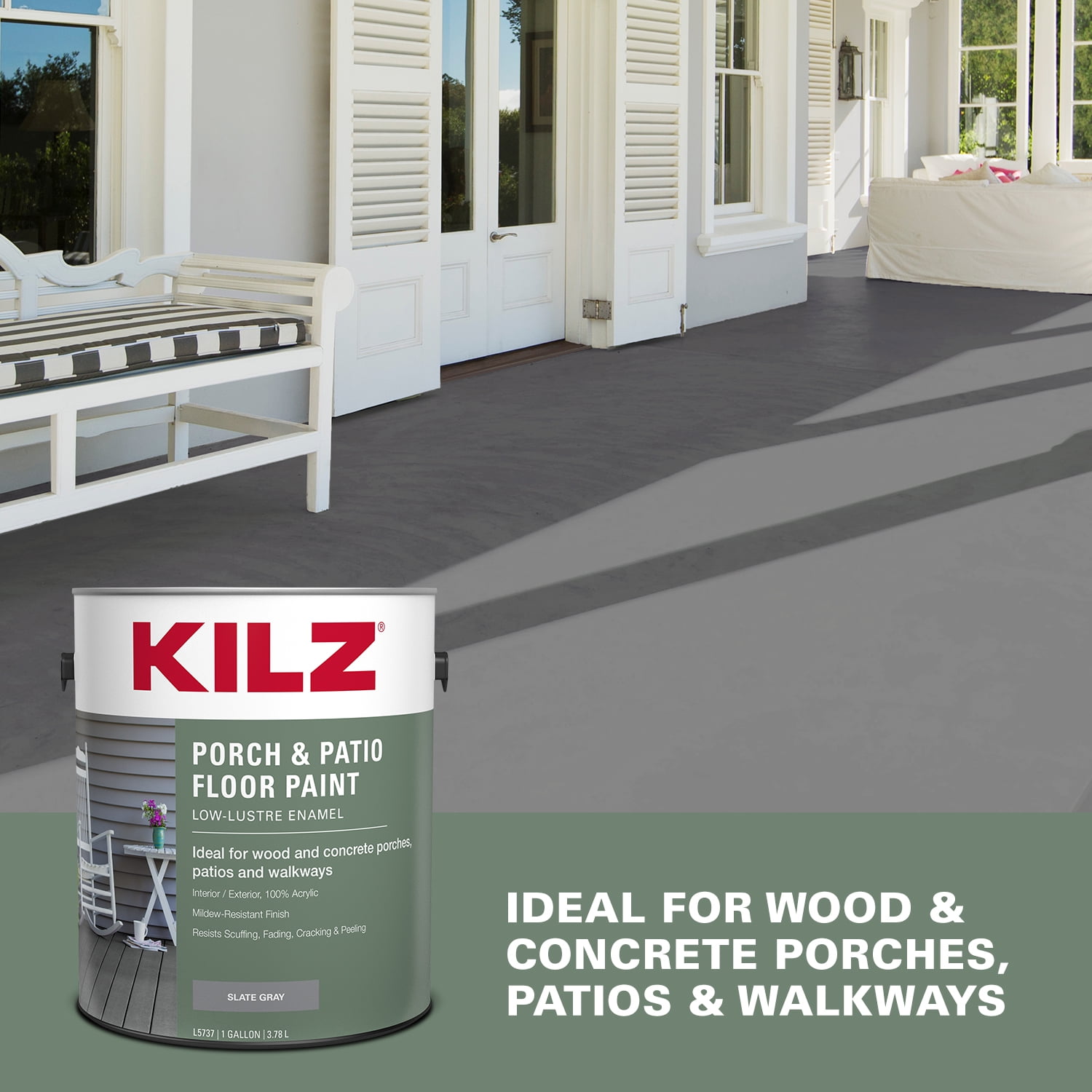 KILZ Porch & Patio Latex Floor Paint, Interior/Exterior, Low-Lustre Enamel, Slate Gray, 1 Gallon